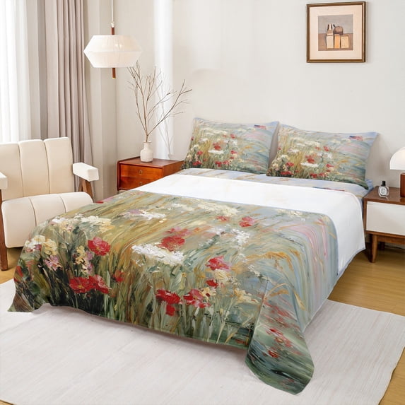 Feelyou Rustic Floral Flower Queen Sheet Sets for Kids, Vibrant Groovy Daisy Flat Sheet, Western Oil Printing Floral Queen Fitted Sheet, Luxury Bedroom Decor, 4-Piece