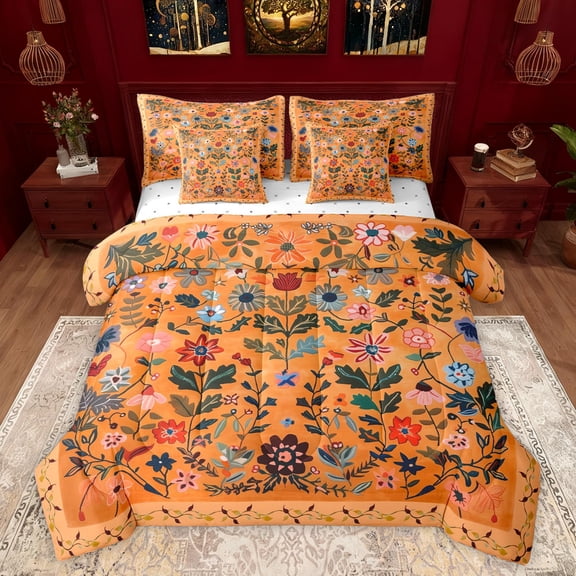 Feelyou Rustic Flower Floral Bedding Comforter Set 7pcs, Bohemian Mandala Queen Bedding Sets, Vintage Western Fashion Reversible Queen Sheet Sets, Breathable Home Decor