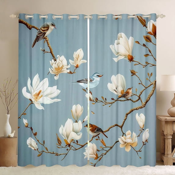 Feelyou Rustic Flower Floral Black Out Curtains, Kawaii Bird Animal Curtains Pack of 2 (42x63 Each), Vintage Chinese Style Bedroom Curtains, Curtains and Drapes Room Decor