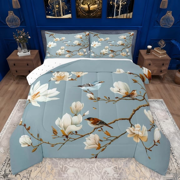 Feelyou Rustic Flower Floral Full Size Comforter Sets, Kawaii Bird Animal Bedding Comforter Set, Vintage Chinese Style Reversible Bedding Sets, Lightweight Room Decor, 3-Piece