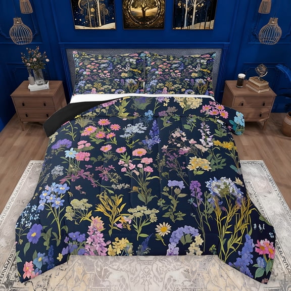 Feelyou Rustic Flower Print Bedding Comforter Set, Farmhouse Groovy Floral Twin Comforter Sets, Countryside Navy Reversible Bedding Set, Super Cozy Room Decor, 2pcs