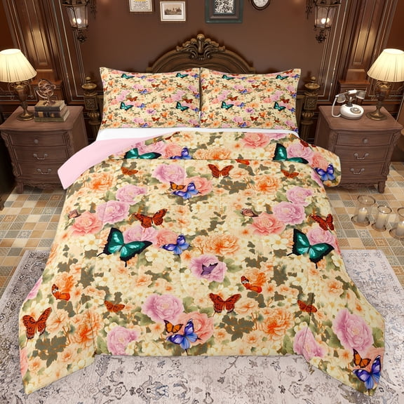 Feelyou Rustic Flower Queen Comforter Set Women, Kawaii Butterfly Animal Bedding Sets, Vintage Fashion Style Reversible Bedding Comforter Set, Lightweight Room Decor, 3pcs
