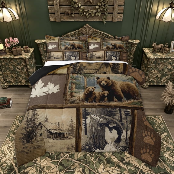 Feelyou Rustic Forest Bear Fishing Queen Comforter Set for Men, Retro Cabin Patchwork Bedding Comforter Set, Brown, Black Reversible, 3 Pieces