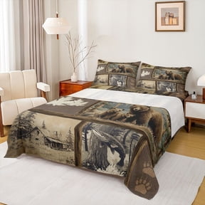 Feelyou Rustic Forest Bear Fishing Queen Sheet Sets for Men, Retro Cabin Patchwork Bed Set, Brown, 4 Pieces
