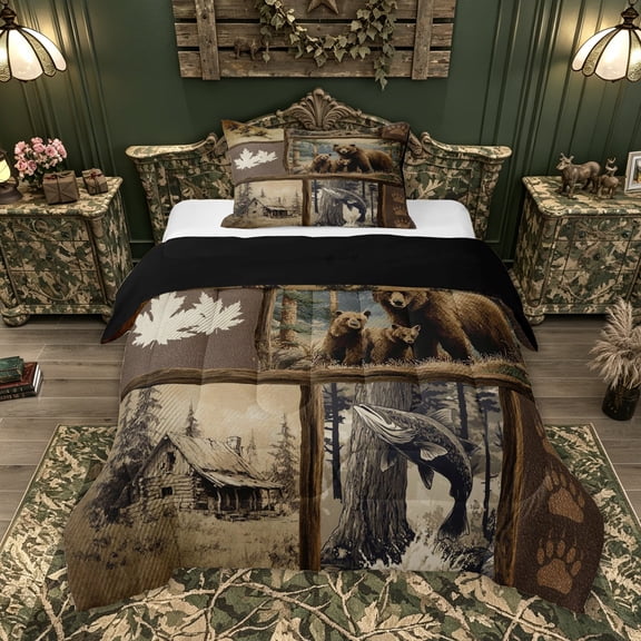 Feelyou Rustic Forest Bear Fishing Twin Comforter Sets for Men, Retro Cabin Patchwork Bedding Set, Brown, Black Reversible, 2 Pieces