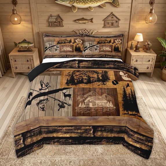 Feelyou Rustic Forest Fishing Full Size Comforter Sets for Men, Wooden Lake House Bedding Sets, Brown, Black Reversible, 3 Pieces