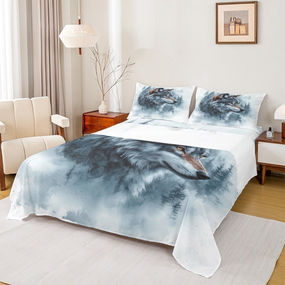 Feelyou Rustic Grey Wolf Bed Sheets, Watercolor Tree Plant King Sheets, Teens Kids Boys Girls Sheet Set, Breathable Home Decor, 4pcs