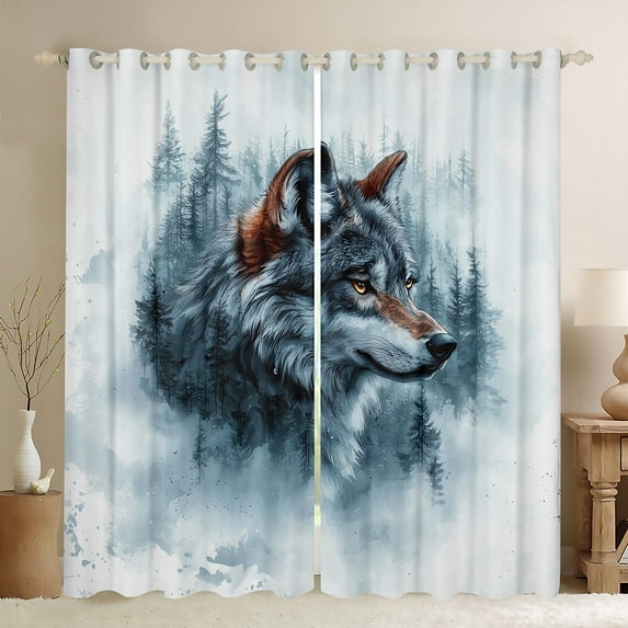 Feelyou Rustic Grey Wolf Black Out Curtains, Watercolor Tree Plant Curtains Pack of 2 (42x63 Each), Teens Kids Boys Girls Bedroom Curtains, Window Curtains Home Decor