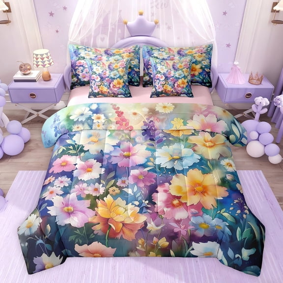 Feelyou Rustic Groovy Daisy Twin Bedding Sets 7-Piece, Art Watercolor Bedding Comforter Set, Vintage Floral Flower Reversible Sheet Sets, Luxury Bedroom Decor