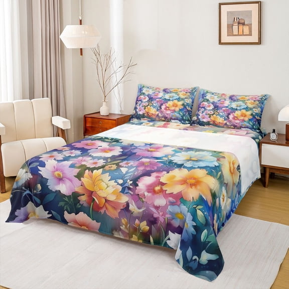 Feelyou Rustic Groovy Daisy Twin Sheet Sets, Art Watercolor Twin Fitted Sheet, Vintage Floral Flower Flat Sheet, Luxury Bedroom Decor, 3-Piece