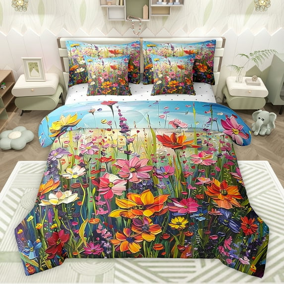 Feelyou Rustic Groovy Flower Bedding Comforter Set 7 Pieces, Western Floral Plant Full Bedding Set, Retro Oil Printing Reversible Fitted Sheet Flat Sheet, Ultra Soft Bedroom Decor