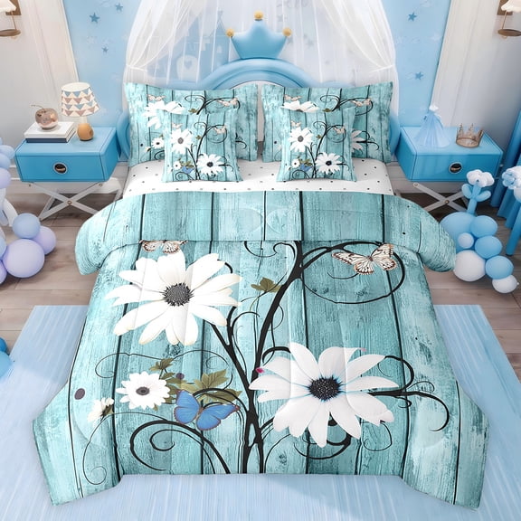 Feelyou Rustic Groovy Flower Bedding Comforter Set 7pcs for Kids, Blue Lake House King Bedding Sets, Old Barn Door Reversible Bed Sheets, Ultra Soft Bedroom Decor