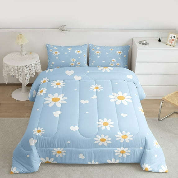 Feelyou Rustic Groovy Flower Bedding Comforter Set for Kids, Romantic Love Heart Twin Comforter Sets, Blue Cartoon Theme Bedding Set, Luxury Bedroom Decor, 2pcs