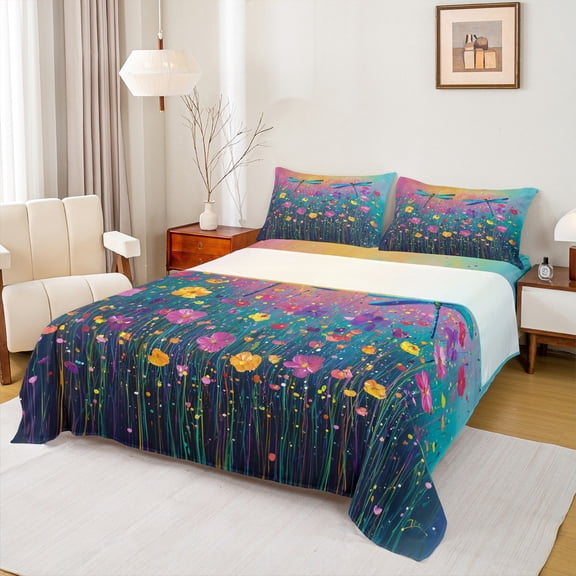 Feelyou Rustic Groovy Flower Full Size Sheets, Dreamy Dragonfly Animal Bed Sheets, Splatter Watercolor Sheet Sets, Microfiber Bedroom Decor, 4pcs
