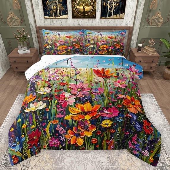 Feelyou Rustic Groovy Flower Queen Comforter Set, Western Floral Plant Bedding Sets, Retro Oil Printing Reversible Bedding Comforter Set, Ultra Soft Bedroom Decor, 3-Piece