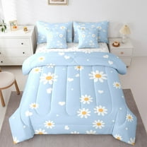 Feelyou Rustic Groovy Flower Twin Bedding Sets 7-Piece for Kids, Romantic Love Heart Bedding Comforter Set, Blue Cartoon Theme Sheet Sets, Luxury Bedroom Decor