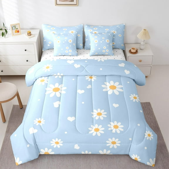 Feelyou Rustic Groovy Flower Twin Bedding Sets 7-Piece for Kids, Romantic Love Heart Bedding Comforter Set, Blue Cartoon Theme Sheet Sets, Luxury Bedroom Decor