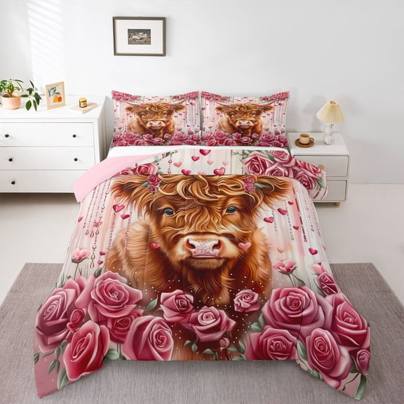 Feelyou Rustic Highland Bull Twin Comforter Sets, Romantic Pink Rose Bedding Set, 2pcs
