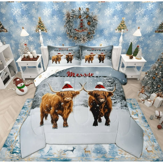 Feelyou Rustic Highland Cow Bedding Comforter Set, Merry Christmas Twin Comforter Sets, Kawaii Winter Animal Reversible Bedding Set, Ultra Soft Home Decor, 2pcs