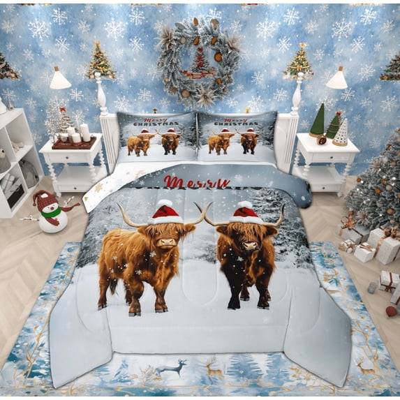 Feelyou Rustic Highland Cow Queen Comforter Set, Merry Christmas Bedding Sets, Kawaii Winter Animal Reversible Bedding Comforter Set, Ultra Soft Home Decor, 3pcs