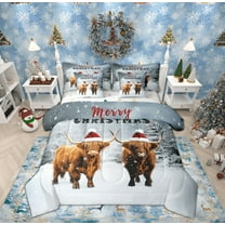 Feelyou Rustic Highland Cow Twin Bedding Sets 7-Piece, Merry Christmas Bedding Comforter Set, Kawaii Winter Animal Reversible Sheet Sets, Ultra Soft Home Decor