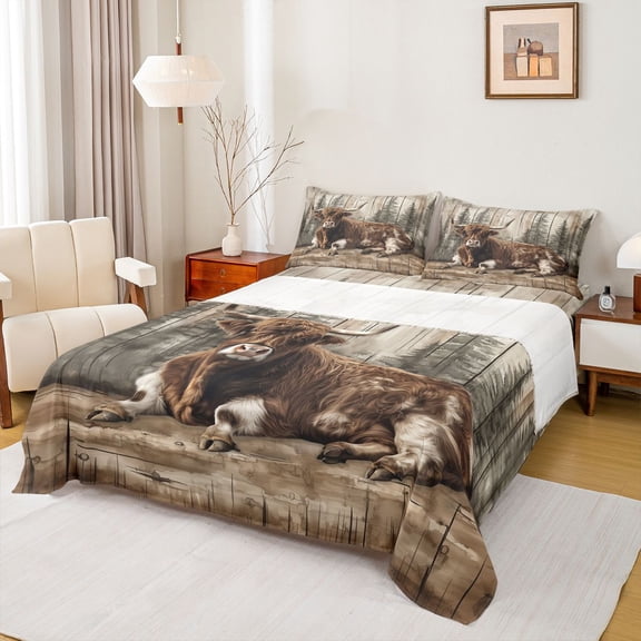 Feelyou Rustic Highland Cow Twin Sheet Sets for Kids, Vintage Lodge Cabin Twin Fitted Sheet, Jungle Wildlife Flat Sheet, Lightweight Room Decor, 3-Piece