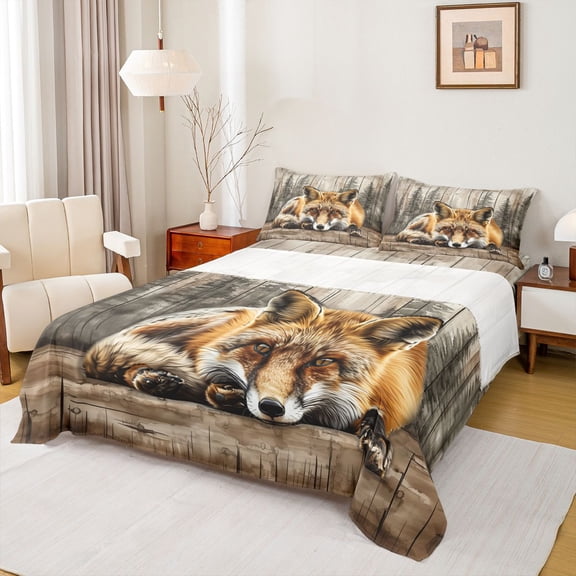 Feelyou Rustic Highland Fox Bed Sheets for Kids, Vintage Lodge Cabin King Sheets, Jungle Wildlife Sheet Set, Microfiber Bedroom Decor, 4 Pieces