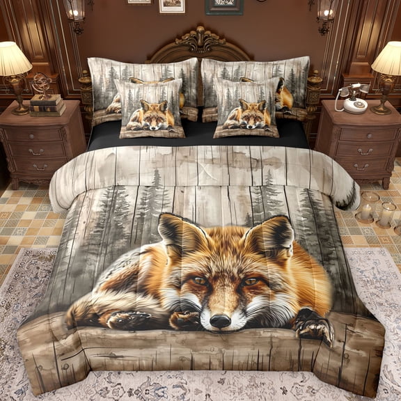 Feelyou Rustic Highland Fox Bedding Comforter Set 7pcs for Kids, Vintage Lodge Cabin Queen Bedding Sets, Jungle Wildlife Reversible Queen Sheet Sets, Microfiber Bedroom Decor