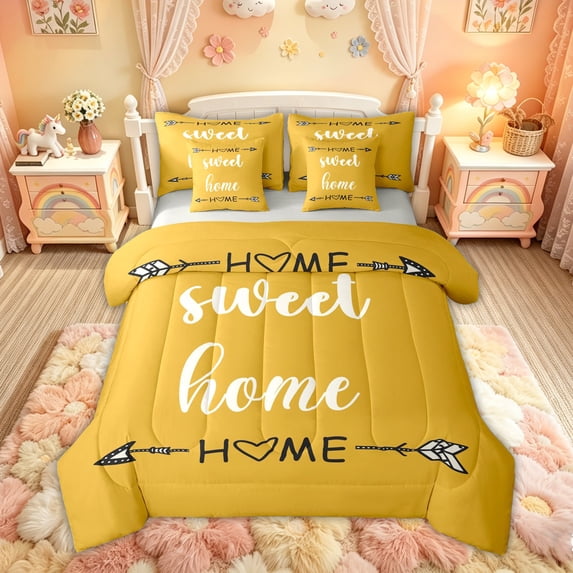 Feelyou Rustic Home Sweet Bedding Comforter Set for Adults Men Women, Arrow Quote Full Bedding Set, Mustard Yellow, Grey Reversible, 7 Pieces