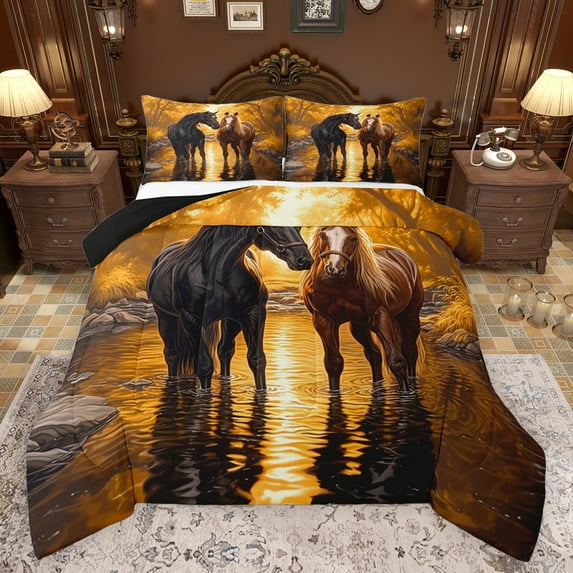 Feelyou Rustic Horse Animal Bedding Comforter Set, Autumn Jungle Botanical Twin Comforter Sets, Rustic Lake House Reversible Bedding Set, Lightweight Room Decor, 2 Pieces