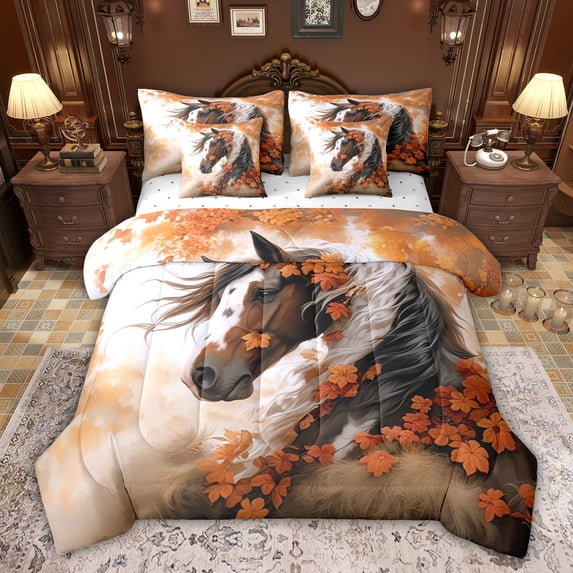 Feelyou Rustic Horse Teens Bedding Comforter Set 7 Pieces, Orange Fall Leaves Plant Full Bedding Set, Kawaii Farm Animal Theme Reversible Fitted Sheet Flat Sheet, Breathable Home Decor