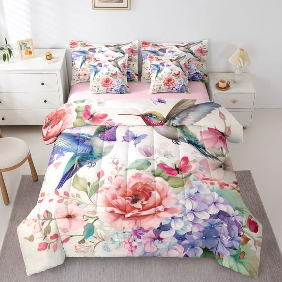 Feelyou Rustic Hummingbird Comforter Set 7pcs, Peony Flower Women Queen Bedding Sets