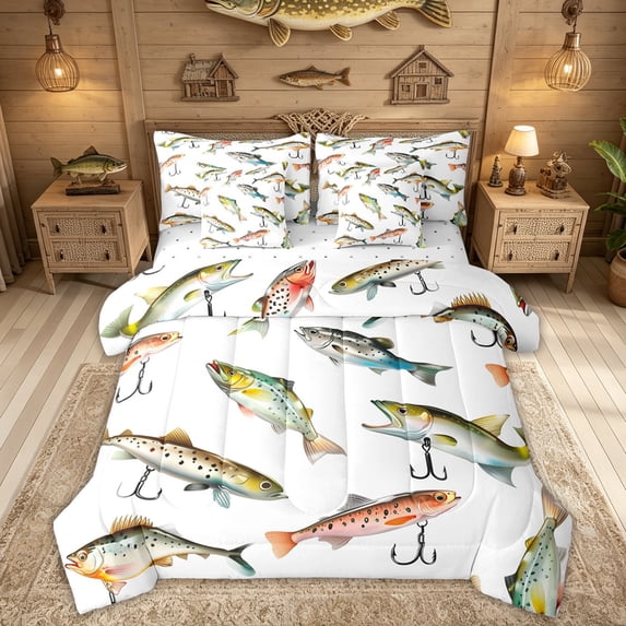Feelyou Rustic Lake Fishing Twin Bedding Sets for Kids Boys, Cartoon Farmhouse Animal Bedding Comforter Set, Reversible, 7-Piece