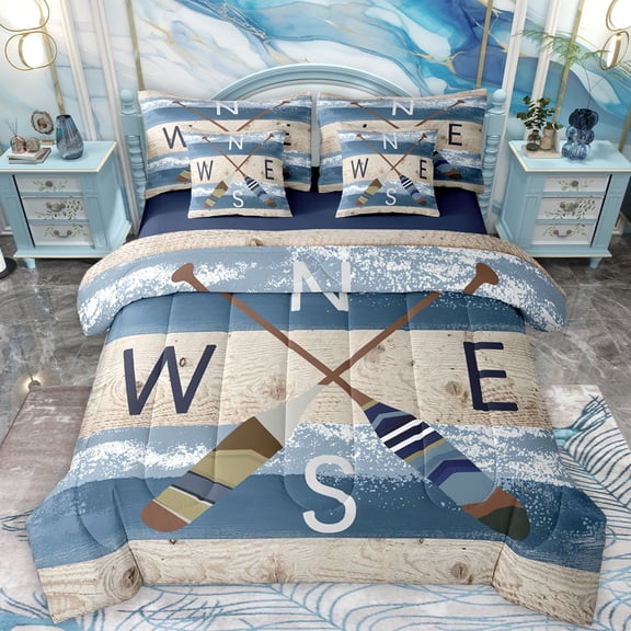 Feelyou Rustic Lake House Bedding Comforter Set 7pcs, Wooden Boat Paddle King Bedding Sets, Rustic Farmhouse Theme Reversible Bed Sheets, Lightweight Room Decor