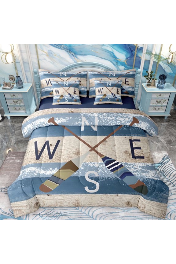 Rustic Lake House Bedding Comforter Set 7pcs, Wooden Boat Paddle Queen Bedding Sets, Rustic Farmhouse Theme Reversible Queen Sheet Sets, Lightweight Room Decor