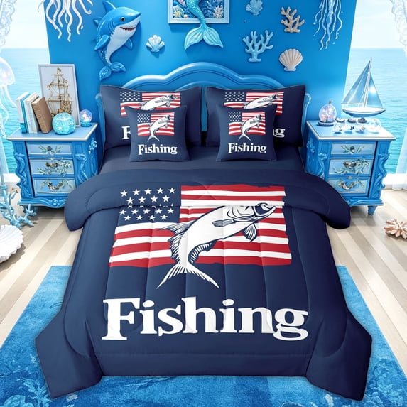 Feelyou Rustic Largemouth Bass Fish Bedding Comforter Set for Men Adults, Retro USA Star Stripe Full Bedding Set, Navy Red, Blue Reversible, 7 Pieces
