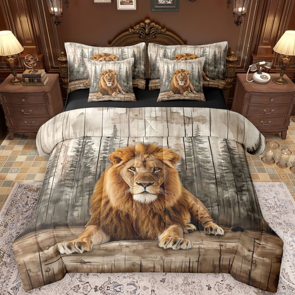 Feelyou Rustic Lion Animal Bedding Comforter Set 7pcs for Kids, Vintage Lodge Cabin King Bedding Sets, Jungle Wildlife Reversible Bed Sheets, Ultra Soft Bedroom Decor