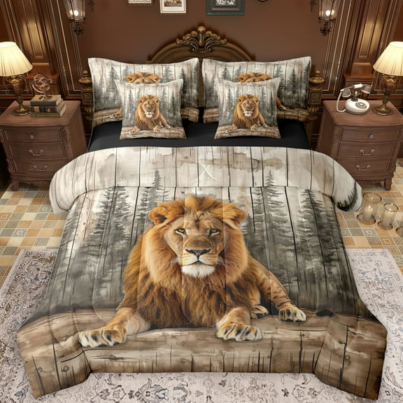 Feelyou Rustic Lion Animal Bedding Comforter Set 7pcs for Kids, Vintage Lodge Cabin Queen Bedding Sets, Jungle Wildlife Reversible Queen Sheet Sets, Ultra Soft Bedroom Decor