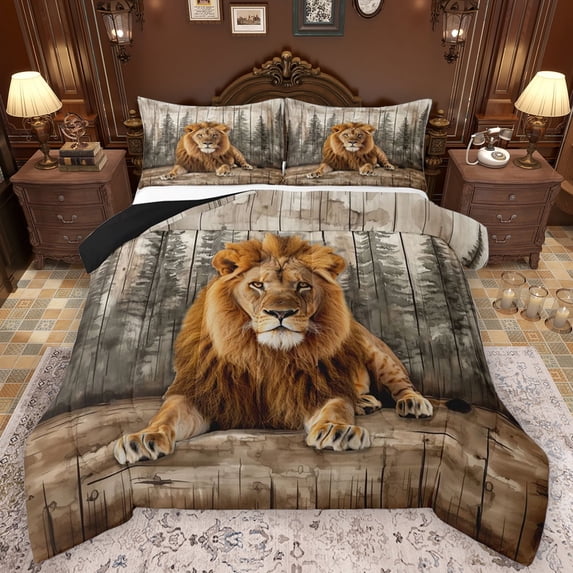 Feelyou Rustic Lion Animal Bedding Comforter Set for Kids, Vintage Lodge Cabin Twin Comforter Sets, Jungle Wildlife Reversible Bedding Set, Ultra Soft Bedroom Decor, 2-Piece