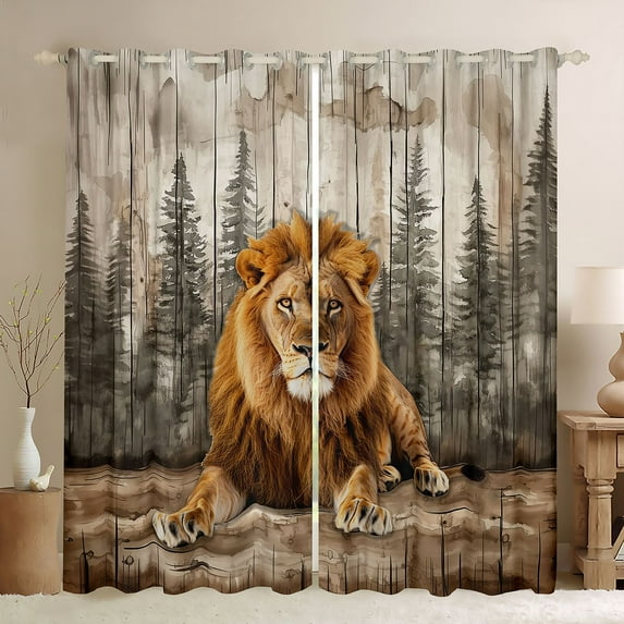 Feelyou Rustic Lion Animal Black Out Curtains for Kids, Vintage Lodge Cabin Curtains Pack of 2 (42x63 Each), Jungle Wildlife Bedroom Curtains, Curtains and Drapes Decor