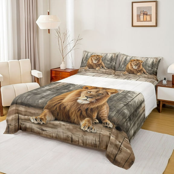 Feelyou Rustic Lion Animal Twin Sheet Sets for Kids, Vintage Lodge Cabin Twin Fitted Sheet, Jungle Wildlife Flat Sheet, Ultra Soft Bedroom Decor, 3-Piece
