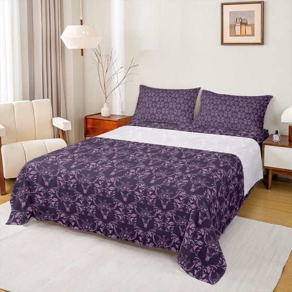Feelyou Rustic Mandala Damask Full Size Sheets, Purple Sheep Skull Bed Sheets, 4-Piece