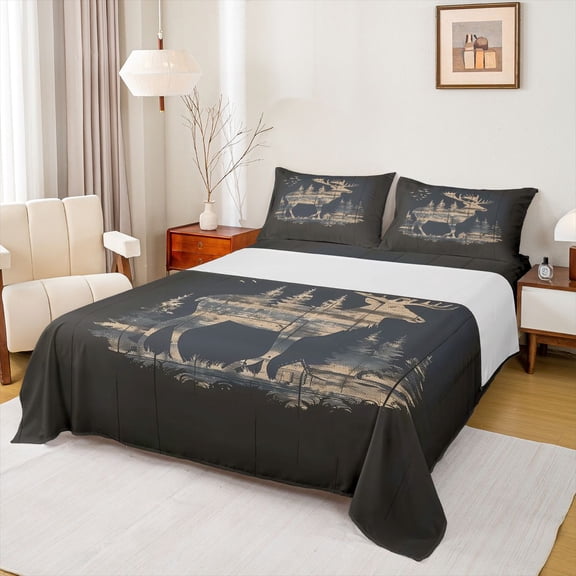 Feelyou Rustic Moose Deer Bed Sheets, Vintage Lodge Cabin King Sheets, 4pcs