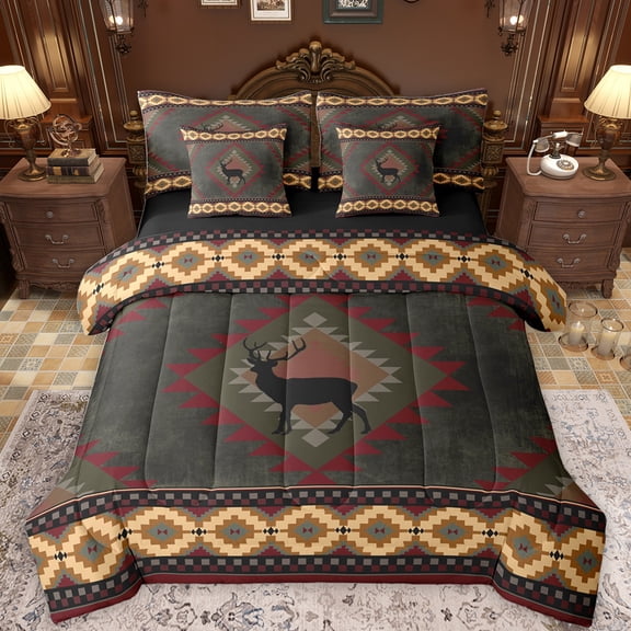 Feelyou Rustic Moose Deer Bedding Comforter Set 7 Pieces, Vintage Hippie Aztec Full Bedding Set, Tribal Triangle Abstract Reversible Fitted Sheet Flat Sheet, Microfiber Bedroom Decor