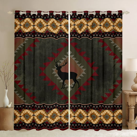 Feelyou Rustic Moose Deer Blackout Curtains Set of 2 (52x84 Each), Vintage Hippie Aztec Window Curtains, Tribal Triangle Abstract Curtains and Drapes, Blackout Curtains Bedroom Decor