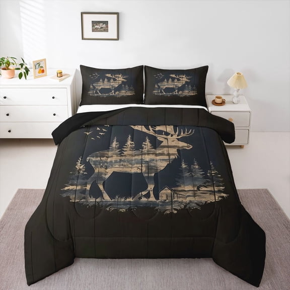 Feelyou Rustic Moose Deer Queen Comforter Set, Lodge Cabin Bedding Comforter Set, 3pcs