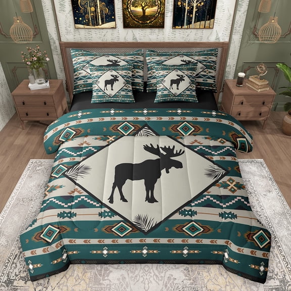 Feelyou Rustic Moose Elk Comforter Set 7pcs, Retro Aztec Triangle King Bedding Sets