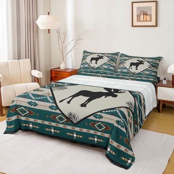 Feelyou Rustic Moose Elk Twin Sheet Sets, Retro Aztec Triangle Bedding, 3 Pieces