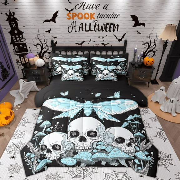 Feelyou Rustic Moth Butterfly Bedding Comforter Set 7pcs, Horror Skeleton King Bedding Sets, Mystic Jungle Mushroom Reversible Bed Sheets, Ultra Soft Home Decor