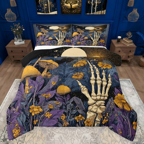 Feelyou Rustic Mushroom Plant Bedding Comforter Set, Mystic Eyes Skeleton Twin Comforter Sets, Vintage Hippie Bohemian Reversible Bedding Set, Luxury Bedroom Decor, 2pcs